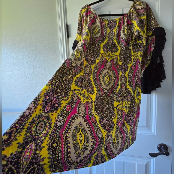 Uncle Frank Boho Paisley Lace Sleeve Dress M Yellow Pink Festival - Picture 12 of 13